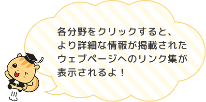 各分野をクリックすると、より詳細な情報が掲載されたウェブページへのリンク集が表示されるよ！