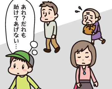 A男「（あれ？だれも助けてあげない・・・）」みんな，Ｂ子の横を素通りしていく