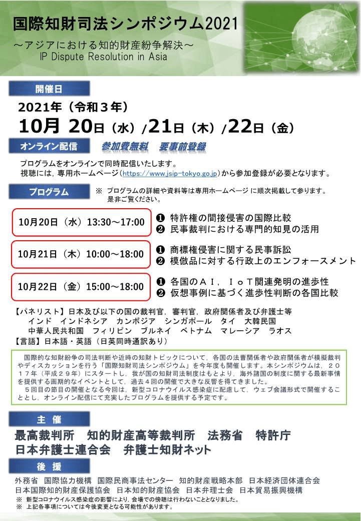 画像:国際知財司法シンポジウム(JSIP)2021