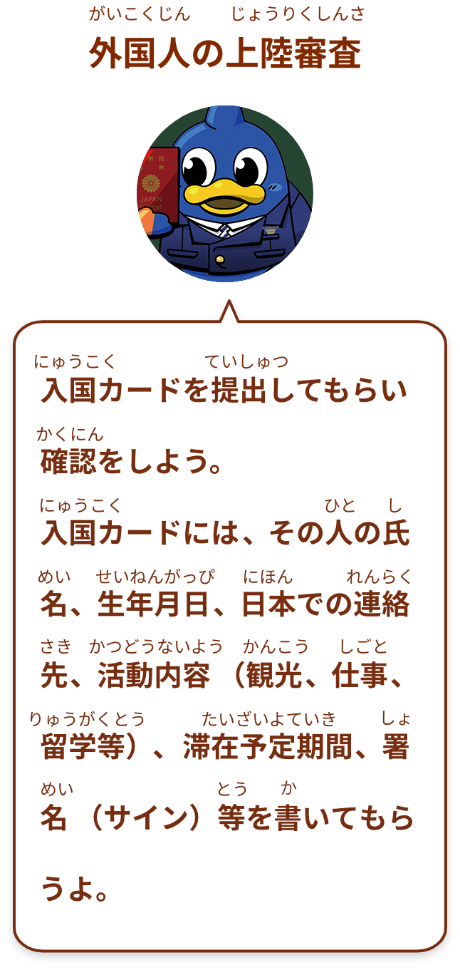 入国カードを提出してもらい確認をしよう。入国カードには、その人の氏名、生年月日、日本での連絡先、活動内容（観光、仕事、留学等）、滞在予定期間、署名 （サイン）等を書いてもらうよ。