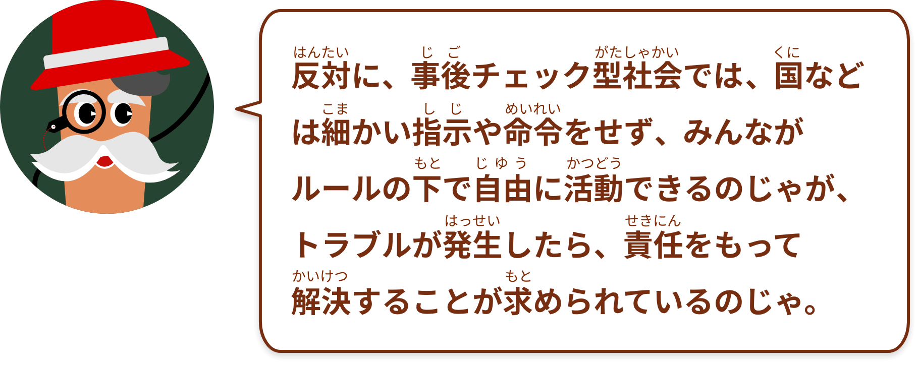 反対に、事後チェック型社会では、国などは細かい指示や命令をせず、みんながルールの下で自由に活動できるのじゃが、トラブルが発生したら、責任をもって解決することが求められているのじゃ。