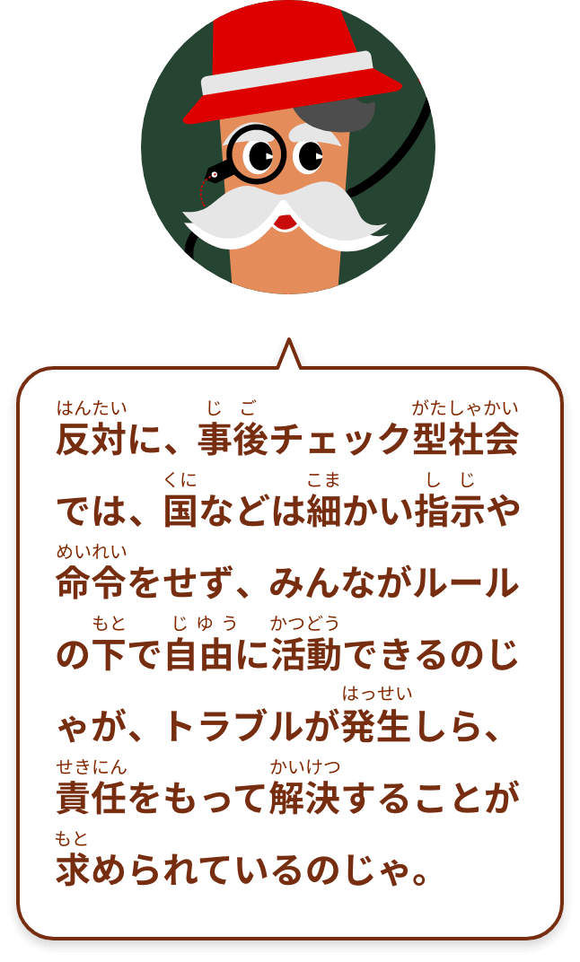 反対に、事後チェック型社会では、国などは細かい指示や命令をせず、みんながルールの下で自由に活動できるのじゃが、トラブルが発生したら、責任をもって解決することが求められているのじゃ。