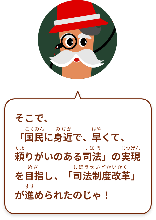 そこで、「国民に身近で、早くて、頼りがいのある司法」の実現をめざし、「司法制度改革」が進められたのじゃ！