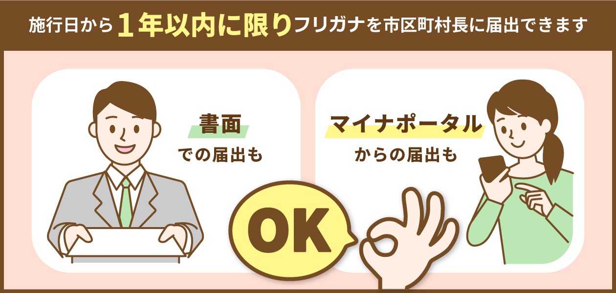 施行日から1年以内に限りフリガナを市区町村長に届出できます　書面での届出もマイナポータルからの届出もOK