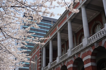 Looking up from the German Neo-Baroque style Red Brick Building with Central Government Building No. 6 (Ministry of Justice) in the background