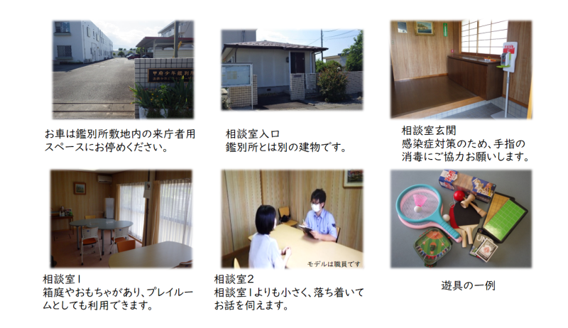 お車は鑑別所敷地内の来庁者用スペースにお停めください。相談室入口鑑別所とは別の建物です。相談室玄関感染症対策のため、手指の消毒にご協力お願いします。相談室1箱庭やおもちゃがあり、プレイルームとしても利用できます。相談室2相談室1よりも小さく、落ち着いてお話を伺えます。遊具の一例