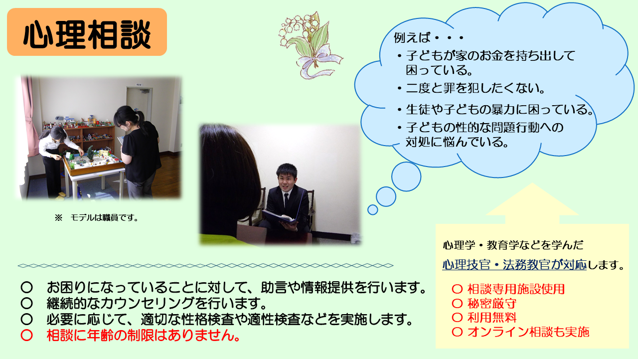まず、心理相談です。これは、御本人のみならず、お子さんなどの問題行動に悩む、御家族のかた、学校の先生、福祉・医療等、関係機関のかたがたからの相談に応じるものです。対象となるかたに年齢の制限はありません。