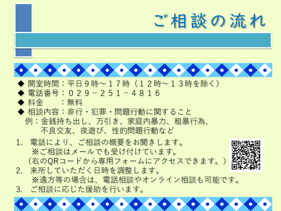 心理相談について、ご相談はご本人、ご家族、学校の先生方、支援に携わる機関の方々、どなたからでも構いません。相談例は、金銭持ち出し、万引き、家庭内暴力、粗暴行為、不良交友、夜遊び、性的問題行動などです。相談は無料です。まずはお電話でご連絡ください。ご相談の概要をお聞きし、来訪の日時を調整します。遠方の場合等は、電話やオンラインでの相談も可能です。電話番号は０２９-２５１-４８１６です。時間は平日の９時から１７時までで、１２時から１３時までのお昼時間は除きます。