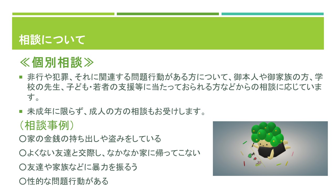 相談について、個別相談では、非行や犯罪、それに関連する問題行動がある方について、御本人や御家族の方、学校の先生、子ども・若者の支援等に当たっておられる方などからの相談に応じています。未成年に限らず、成人の方の相談もお受けします。よくある相談例は、家の金を持ち出したり盗みをしたりしている、よくない友達と交際してなかなか家に帰ってこない、友達や家族に暴力を振るう、性的な問題行動がある、などです。