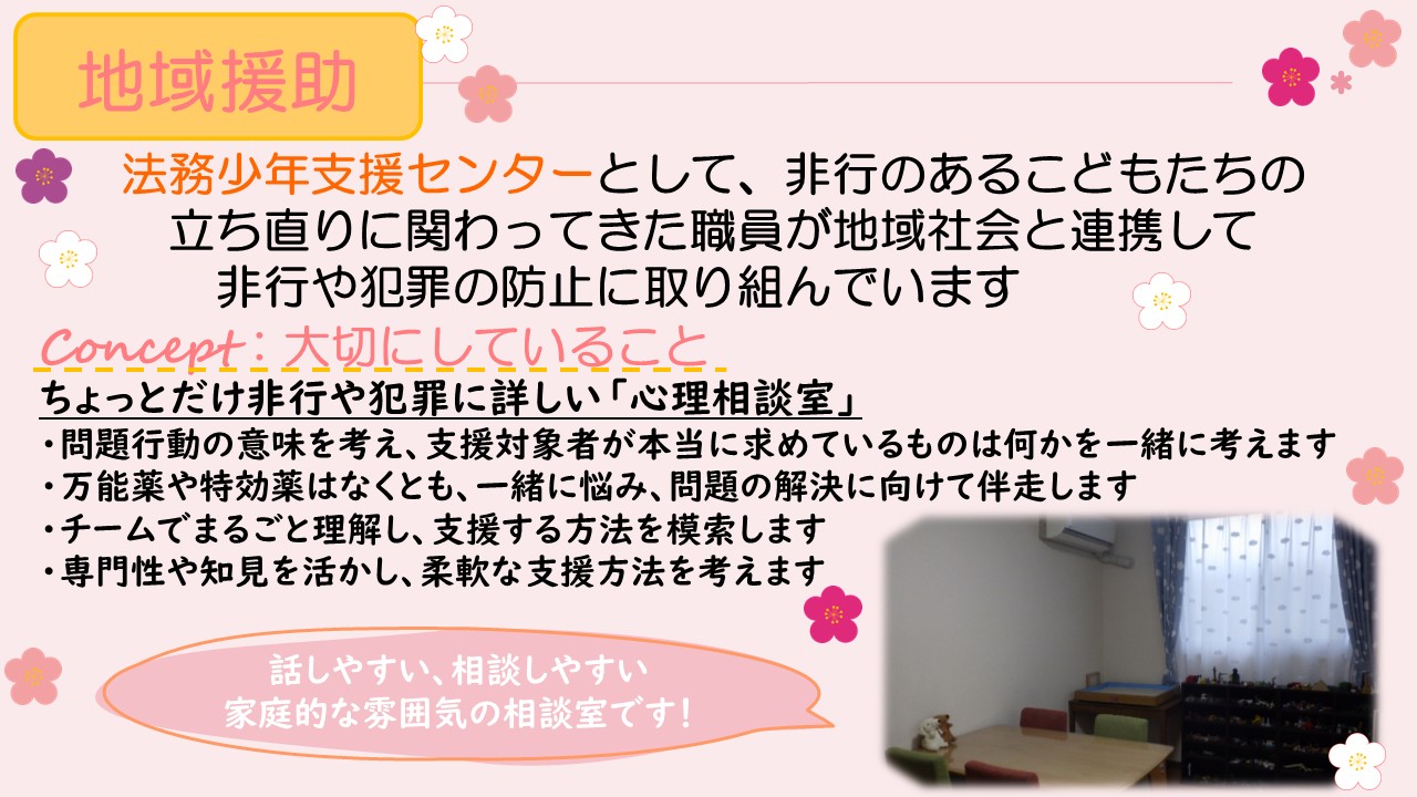 地域援助(ちいきえんじょ)では、ちょっとだけ非行(ひこう)や犯罪(はんざい)に詳(くわ)しい「心理相談室(しんりそうだんしつ)」という立(た)ち位置(いち)を大切(たいせつ)にして、地域(ちいき)のみなさまからの相談(そうだん)に応(おう)じています。私(わたし)たちは、問題行動(もんだいこうどう)の意味(いみ)を考(かんが)え、支援対象者(しえんたいしょうしゃ)が本当(ほんとう)に求(もと)めているものは何(なに)かを一緒(いっしょ)に考(かんが)えます。万能薬(ばんのうやく)や特効薬(とっこうやく)はなくとも、一緒(いっしょ)に悩(なや)み、問題(もんだい)の解決(かいけつ)に向(む)けて伴走(ばんそう)します。また、チームでまるごと理解(りかい)し、支援(しえん)する方法(ほうほう)を模索(もさく)します。あるいは、専門性(せんもんせい)や知見(ちけん)を活(い)かし、柔軟(じゅうなん)な支援方法(しえんほうほう)を考(かんが)えます。 話(はな)しやすい、相談(そうだん)しやすい、家庭的(かていてき)な雰囲気(ふんいき)の相談室(そうだんしつ)です。本画像(ほんがぞう)には、明(あか)るい雰囲気(ふんいき)の当所(とうしょ)の相談室(そうだんしつ)の写真(しゃしん)が掲載(けいさい)されています。