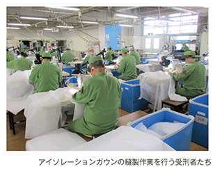アイソレーションガウンの縫製作業を行う受刑者たち
